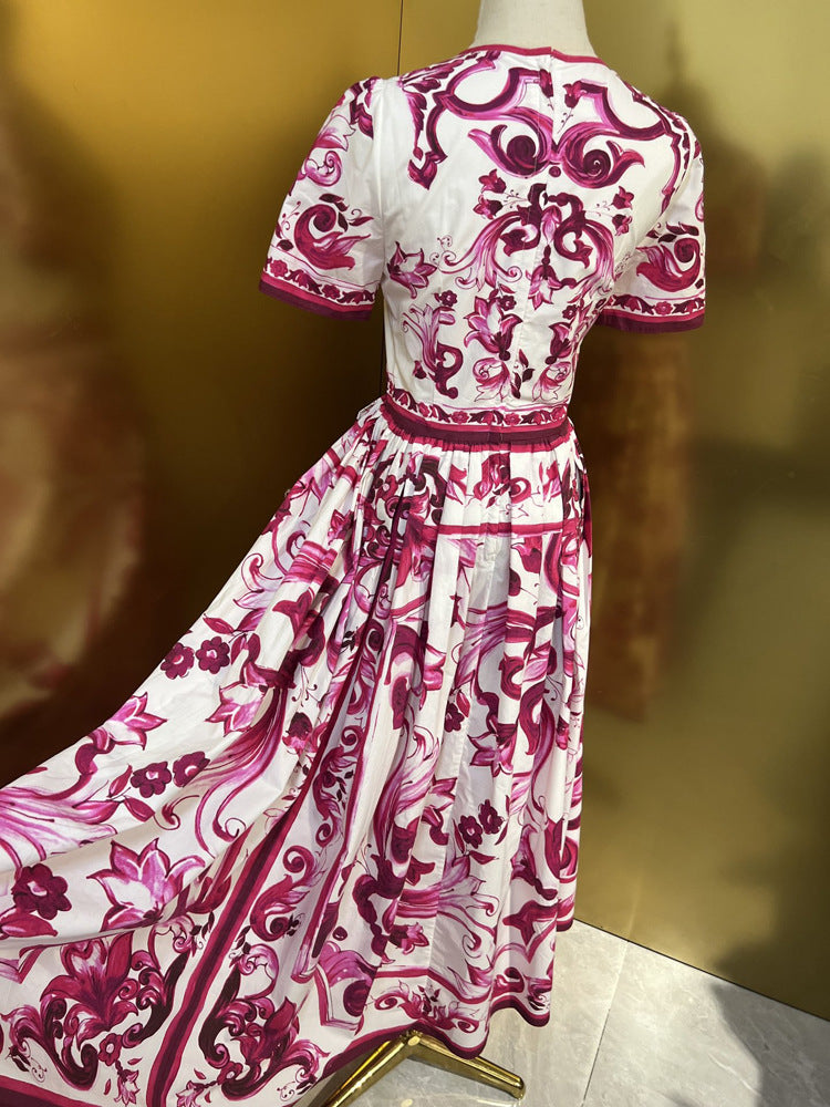 Designer Runway Inspired Summer Women's Cotton Midi Dress With Luxury Fashion Print Pattern