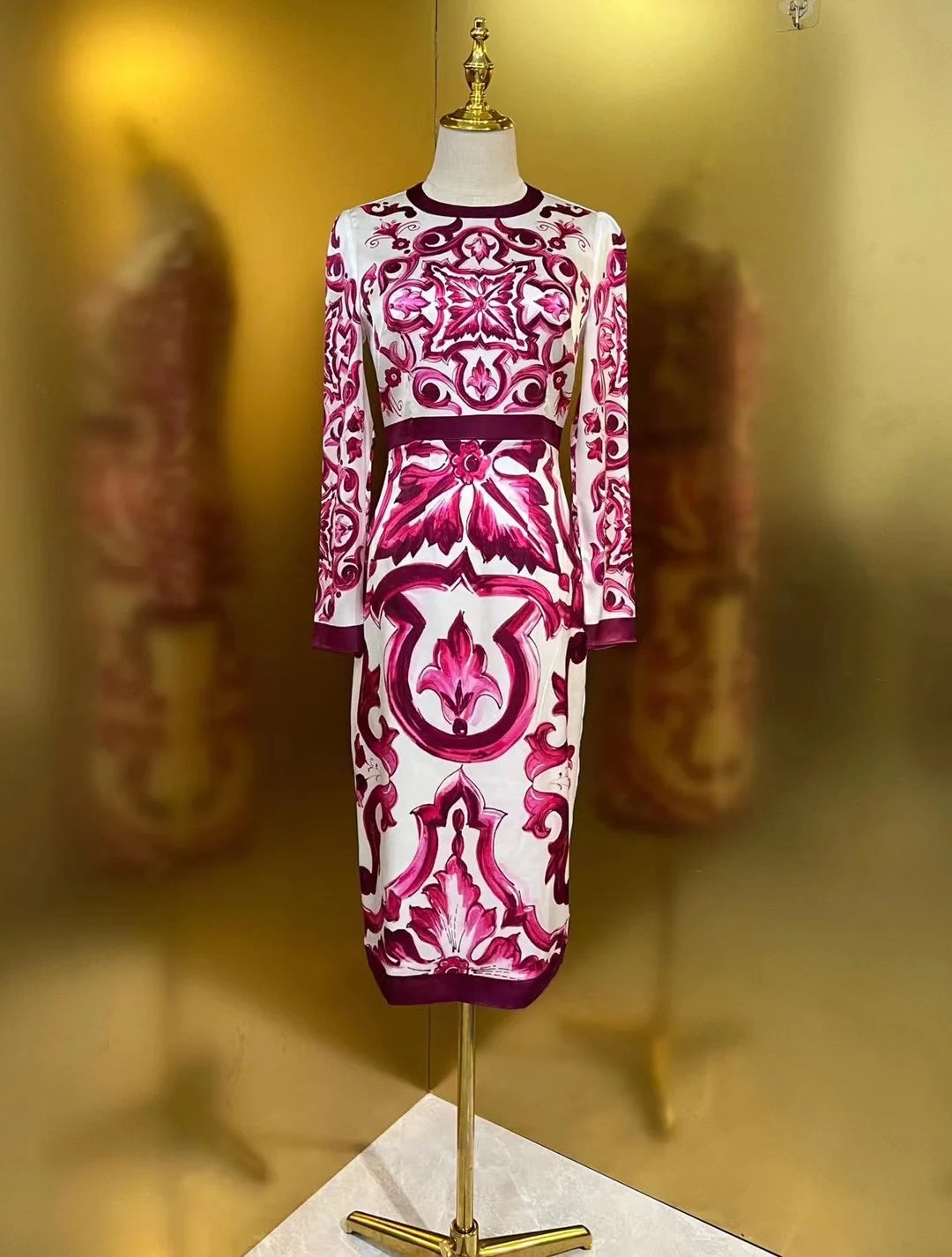 Luxury Designer Inspired Fashion Women Long Sleeve 100% Silk High Quality Midi Dress With Blue And White Porcelain Printed