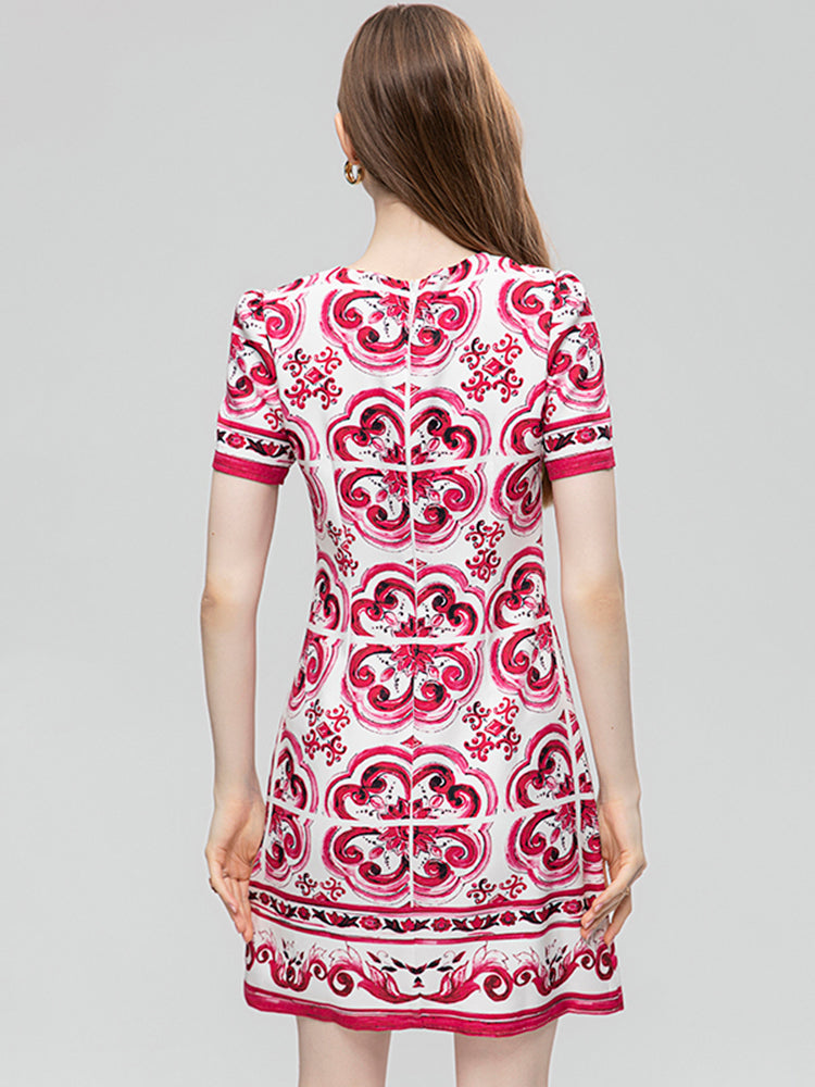 Summer Fashion Runway Vintage Loose Dress Women's O-Neck Short Sleeve Beading Diamond Print Buttock Covering Mini Dress