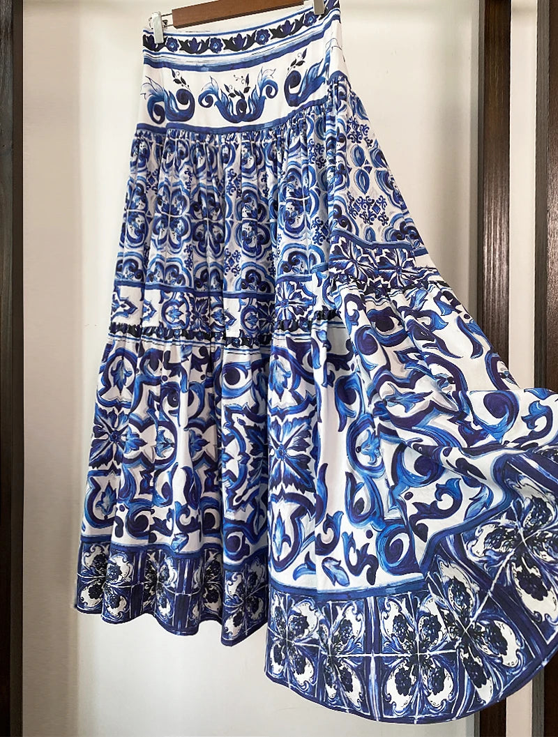 HIGH QUALITY Luxury Fashion Women Blue&White Porcelain Print Off Shoulder Top and Maxi Skirt Summer Set For Female