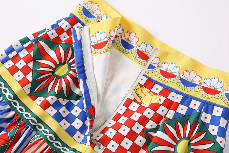 designer runway fashion sexy two piece set Spaghetti Strap short top+pattern print long skirt Suit Women New summer