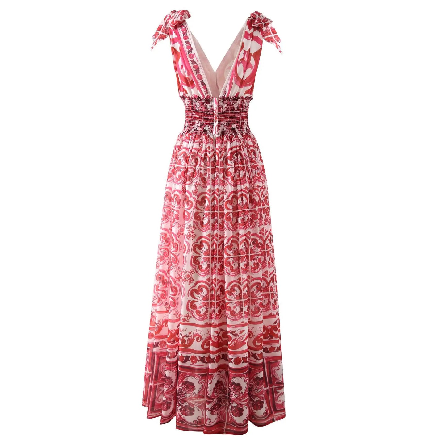 HIGH QUALITY Summer Holiday Women Maxi Dress With V-Neck Elastic Waist Blue And Porcelain Print For Party