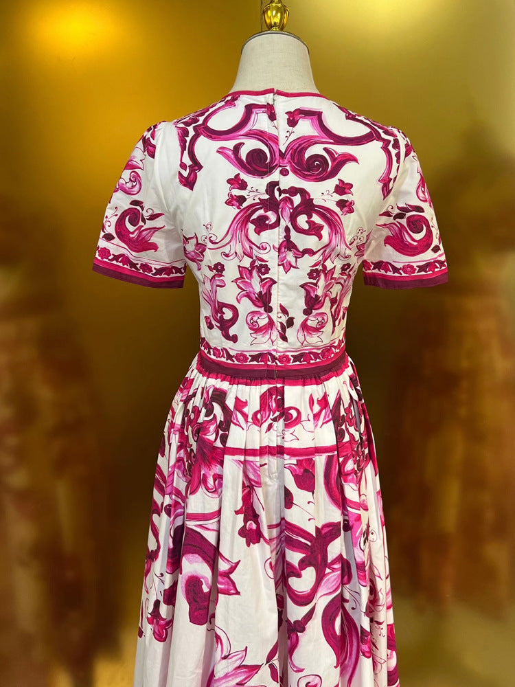 Designer Runway Inspired Summer Women's Cotton Midi Dress With Luxury Fashion Print Pattern