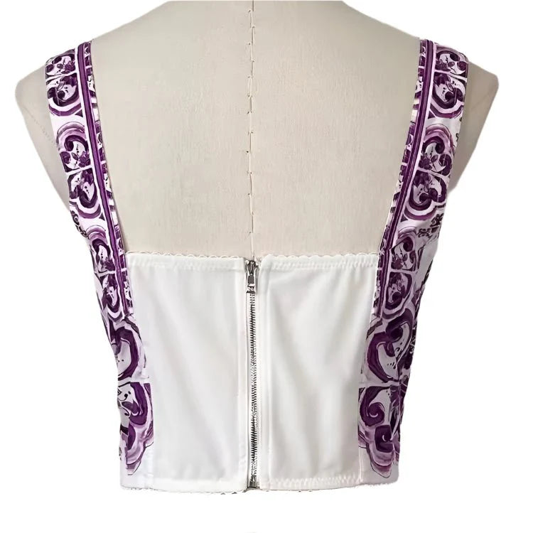 Italian Luxury Purple "Majolica Inspired" Print 100% Cotton Top – Elegant Women’s Designer-Inspired Fashion