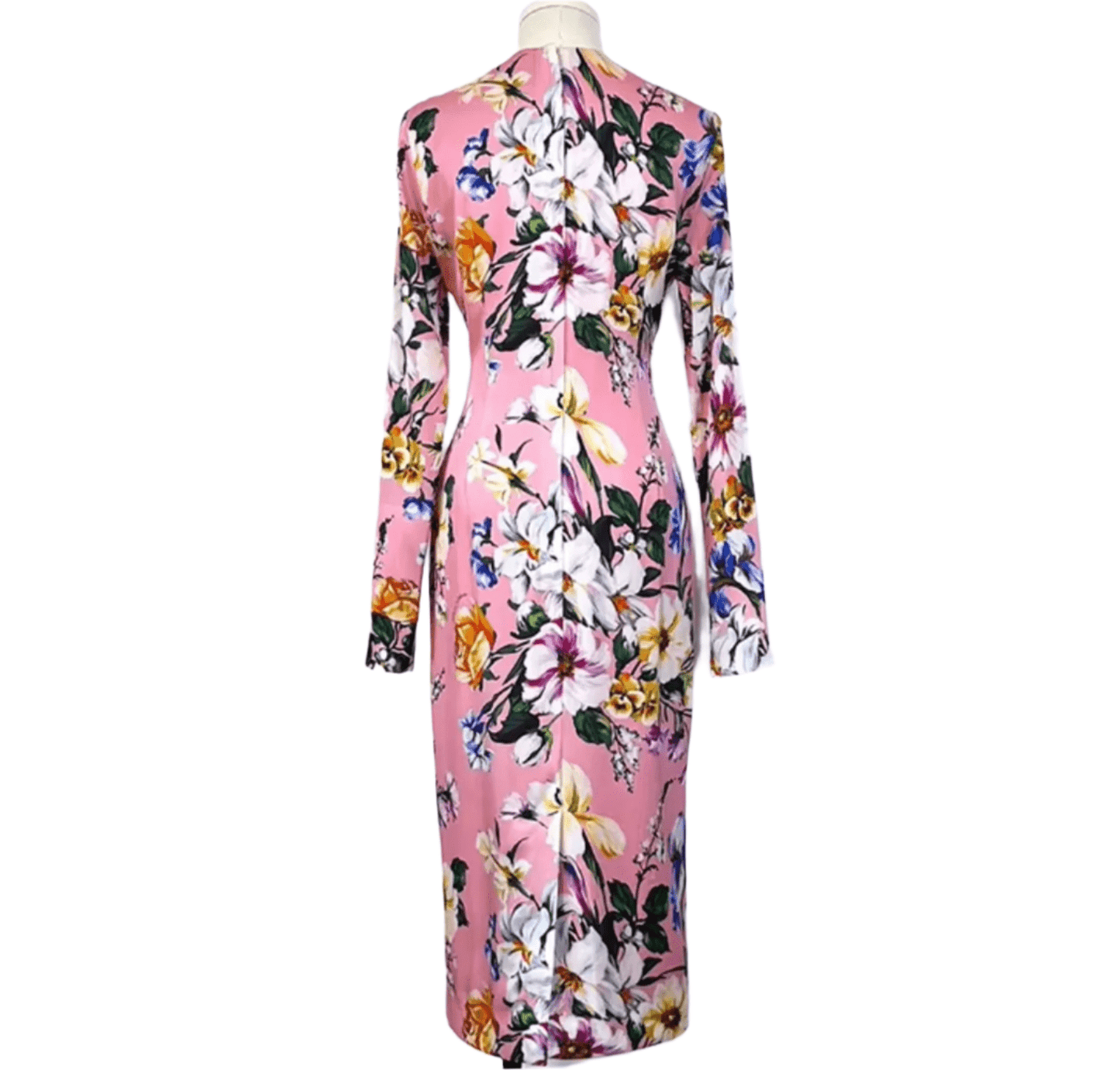 Italian Designer Magnolia Print 100% Silk Long Sleeve Midi Dress – Elegant Women’s Luxury Fashion
