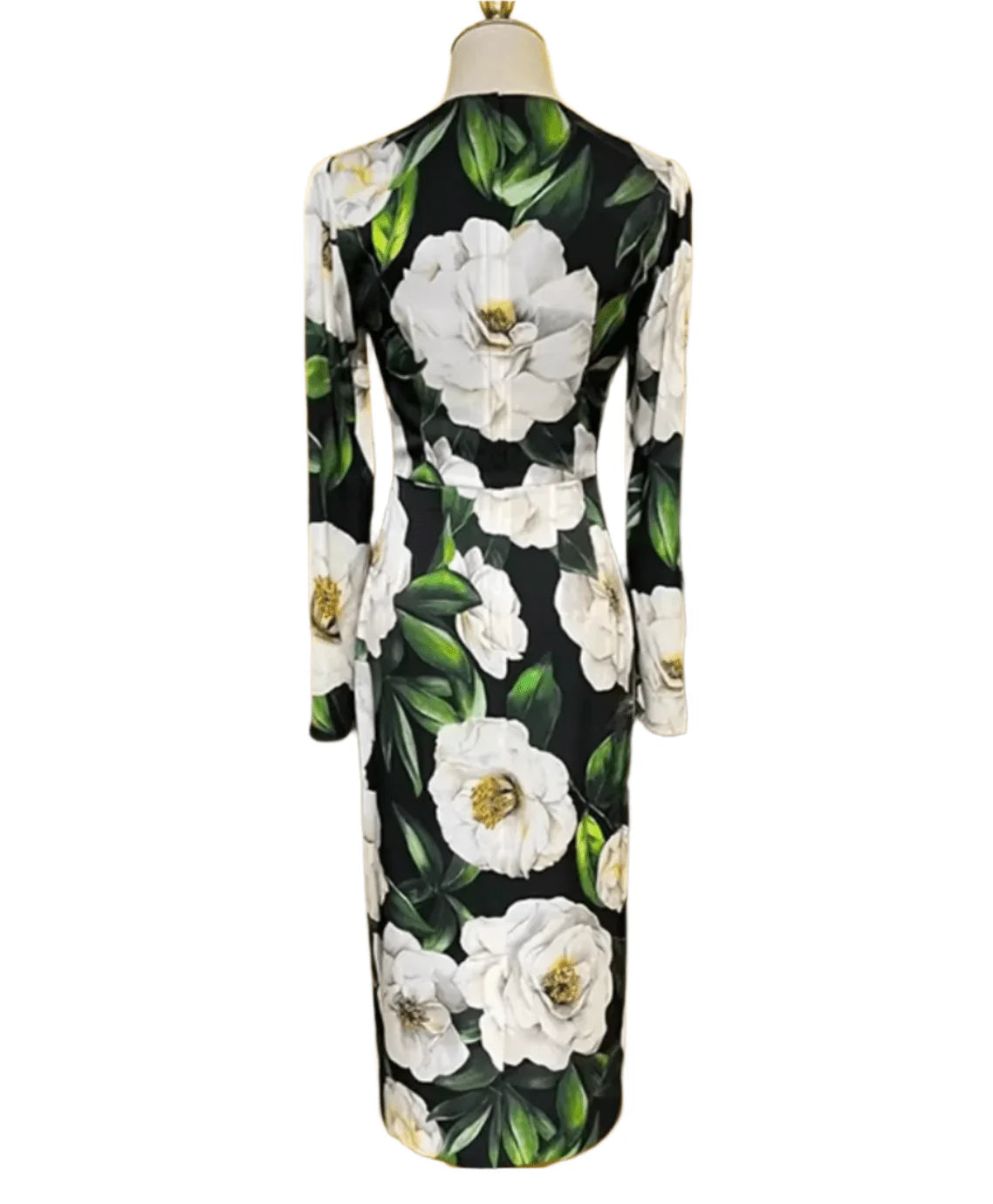 Italian Luxury Designer White Roses Print Long Sleeve 100% Silk Midi Dress – Elegant Women's Spring Summer Dress