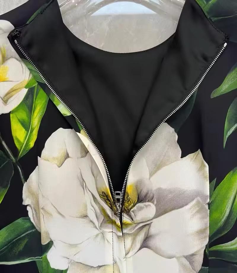 Italian Luxury Designer White Roses Print Long Sleeve 100% Silk Midi Dress – Elegant Women's Spring Summer Dress