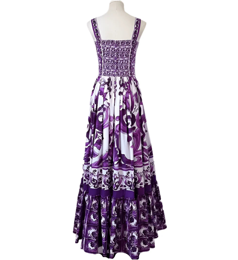 Italian Purple “Majolica-Inspired” Tile Print 100% Cotton Sleeveless Maxi Dress – Elegant Summer Vacation Women’s Dress