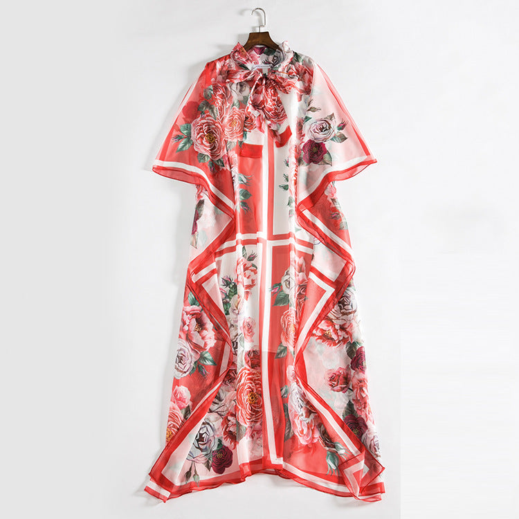 Bohemia Chiffon Long Floral Print Maxi Dress Loose Kaftan Dresses With Rose Print