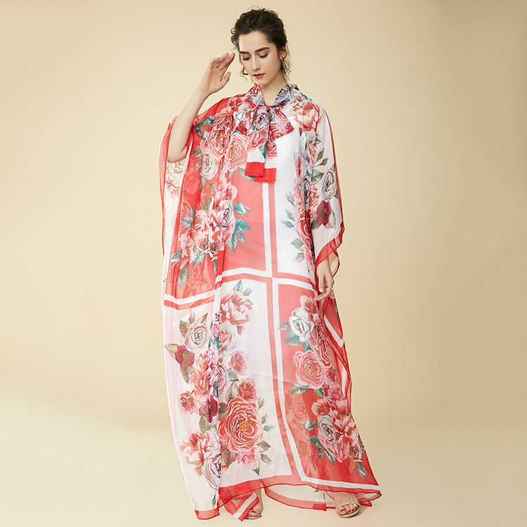 Bohemia Chiffon Long Floral Print Maxi Dress Loose Kaftan Dresses With Rose Print