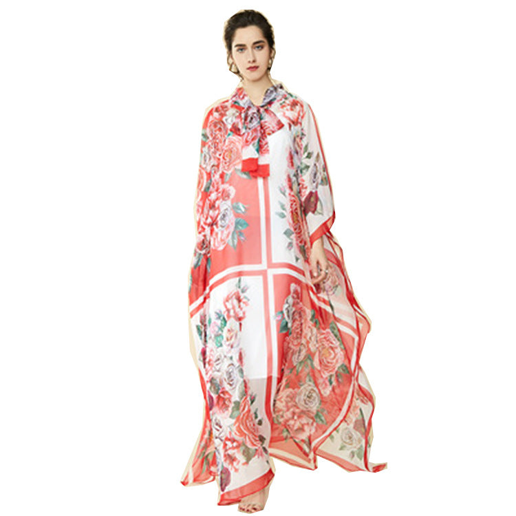 Bohemia Chiffon Long Floral Print Maxi Dress Loose Kaftan Dresses With Rose Print