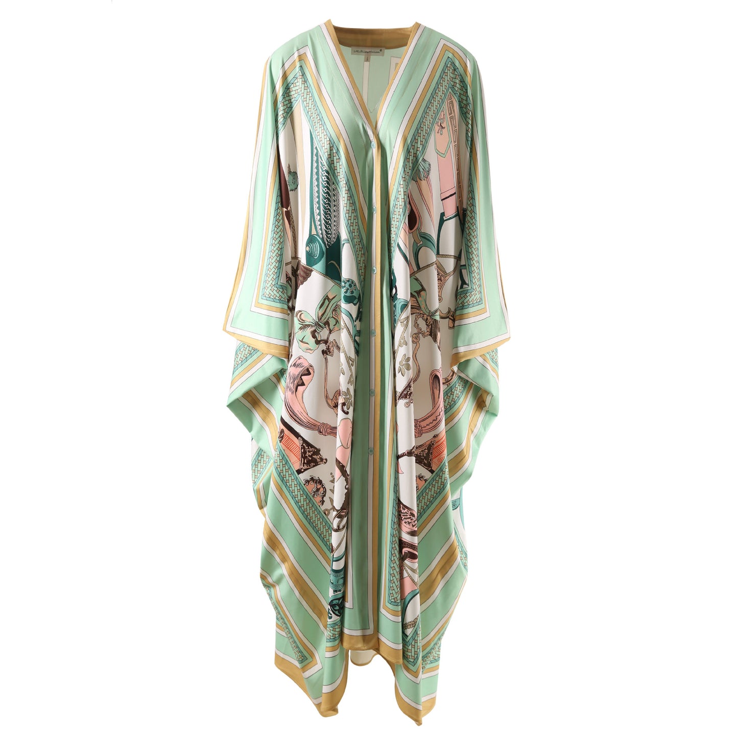 HIGH QUALITY Designer Inspired Summer Women Long Green Beach Kaftan Dress Casual Print Cardigan Long Outerwear in Oversize