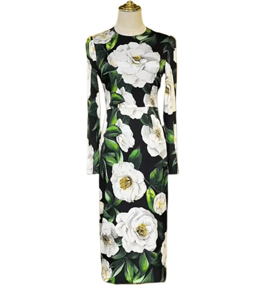 Italian Luxury Designer White Roses Print Long Sleeve 100% Silk Midi Dress – Elegant Women's Spring Summer Dress