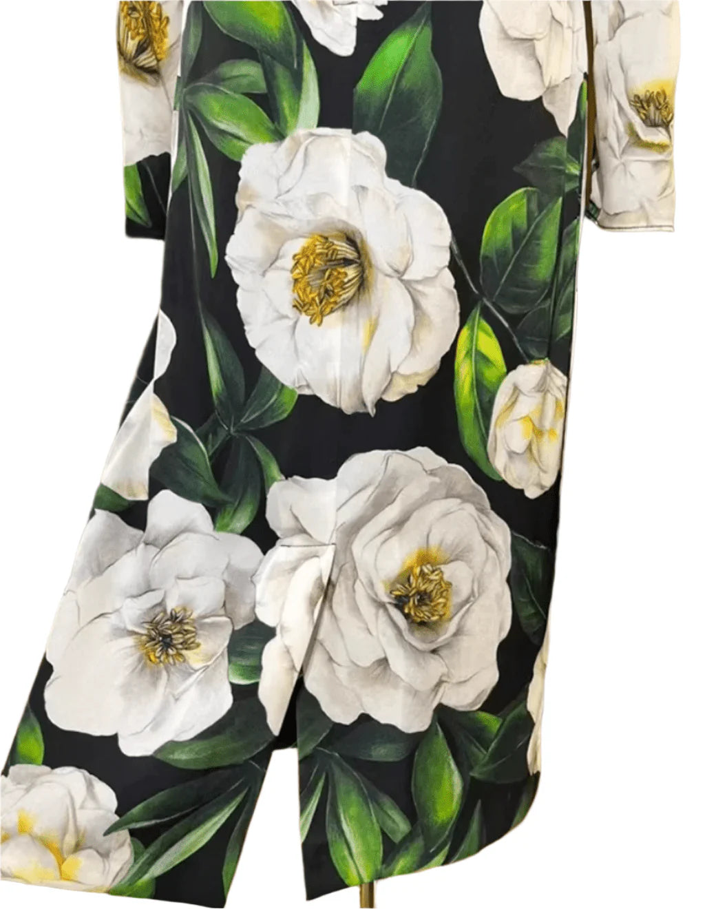 Italian Luxury Designer White Roses Print Long Sleeve 100% Silk Midi Dress – Elegant Women's Spring Summer Dress