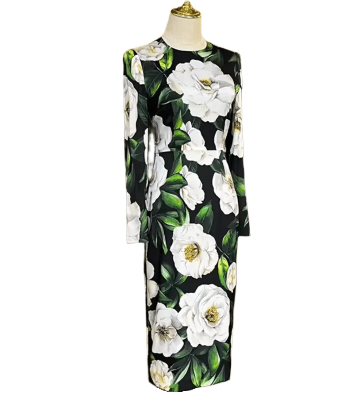 Italian Luxury Designer White Roses Print Long Sleeve 100% Silk Midi Dress – Elegant Women's Spring Summer Dress