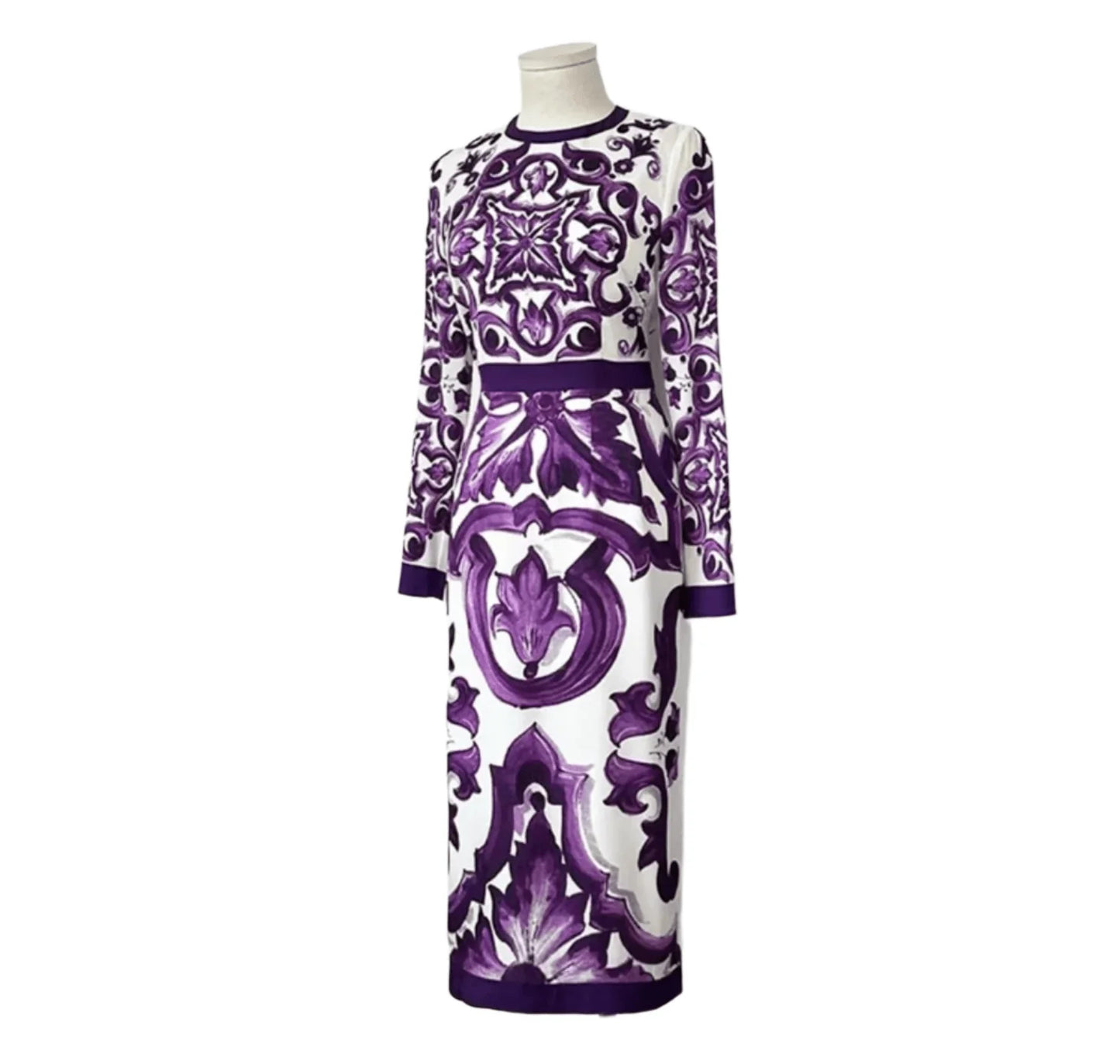 Italian Luxury Purple Majolica-Inspired Print 100% Silk Midi Dress for Women