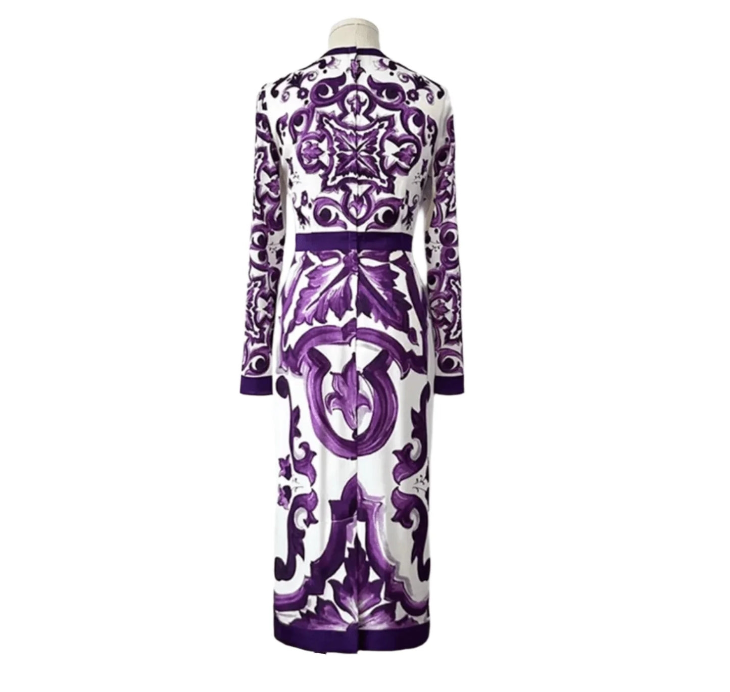 Italian Luxury Purple Majolica-Inspired Print 100% Silk Midi Dress for Women