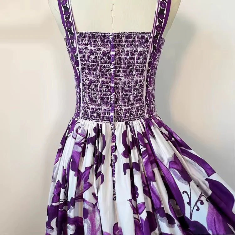 Italian Purple “Majolica-Inspired” Tile Print 100% Cotton Sleeveless Maxi Dress – Elegant Summer Vacation Women’s Dress