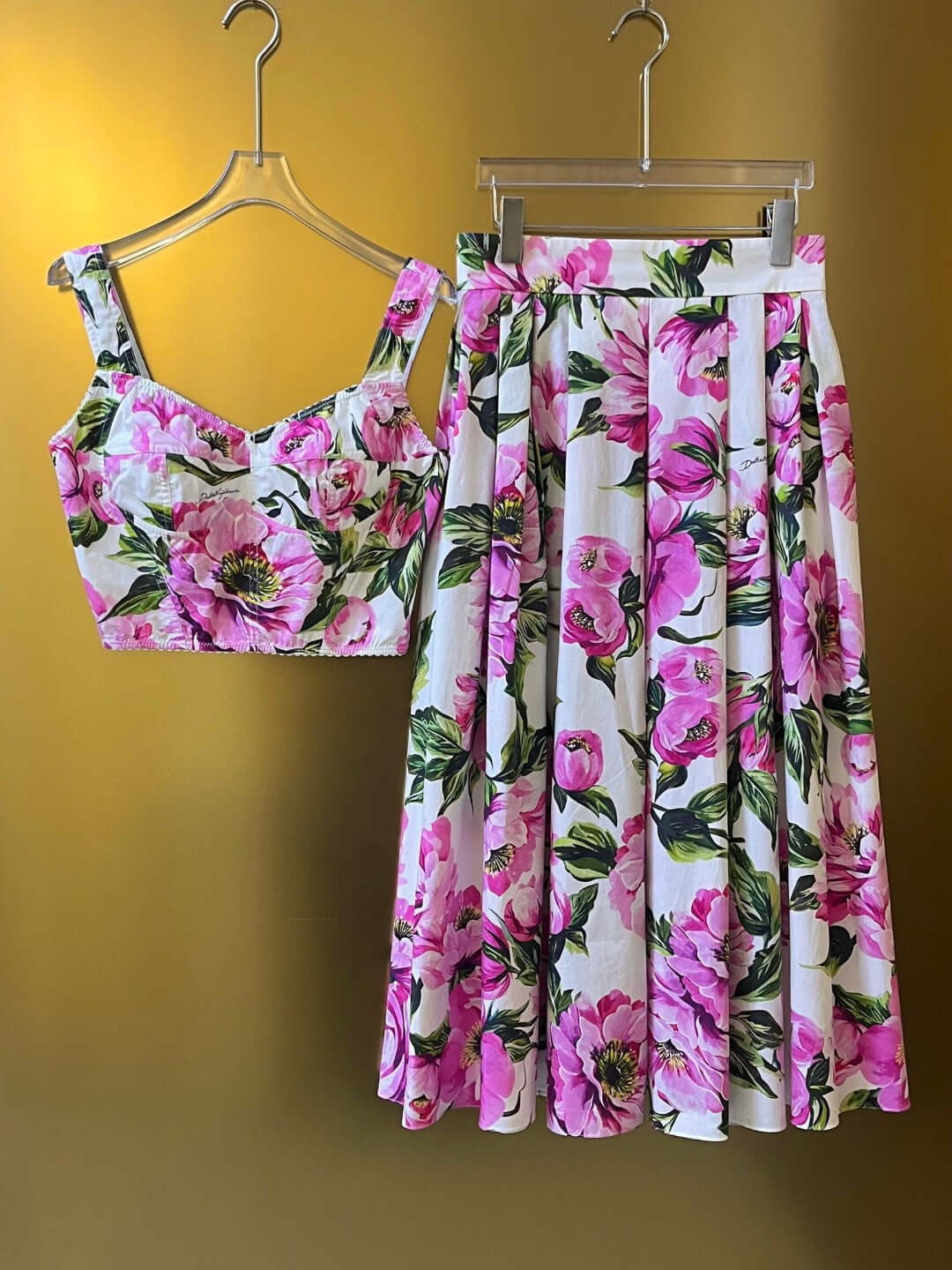 Pink Peony Print Floral Print Cotton Bustier Top And Pleated Skirt Set