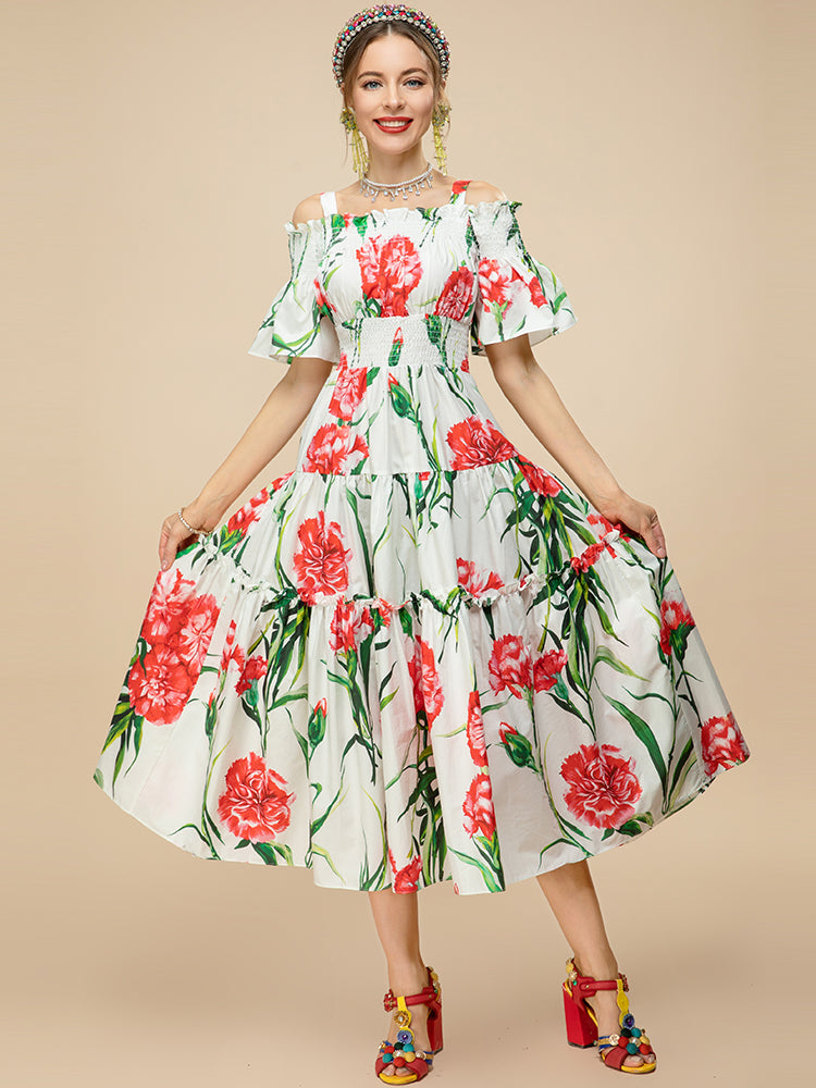 Summer Fashion Long Cotton Dress Women Slase neck Elastic waist Floral Print Holiday Elegant Dress