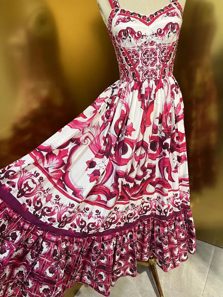 Women Cotton Midi Dress Spaghetti Strap Printing High Waist Big Swing Dresses