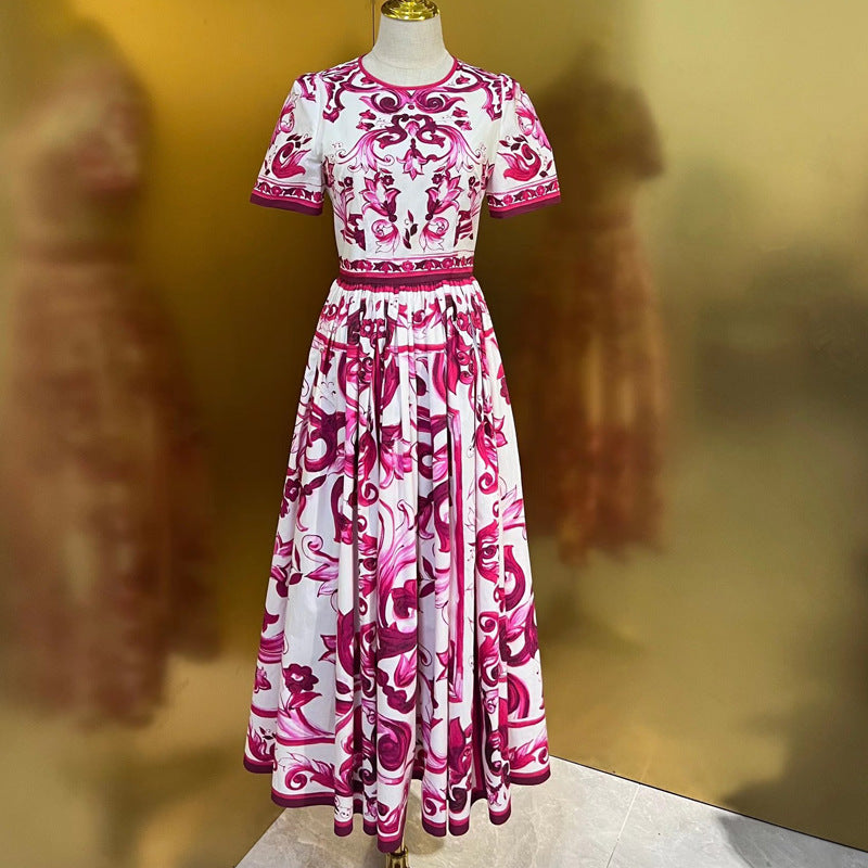 Designer Runway Inspired Summer Women's Cotton Midi Dress With Luxury Fashion Print Pattern
