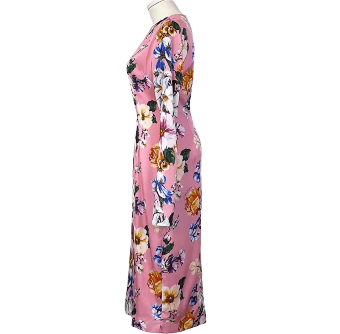 Italian Designer Magnolia Print 100% Silk Long Sleeve Midi Dress – Elegant Women’s Luxury Fashion
