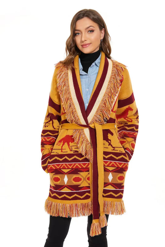 BOHO GYPSY Stylish Wild Roads Jacquard Cardigan With Fringed Edges