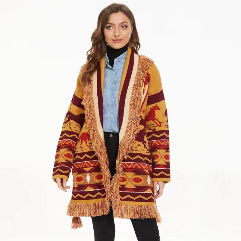 BOHO GYPSY Stylish Wild Roads Jacquard Cardigan With Fringed Edges