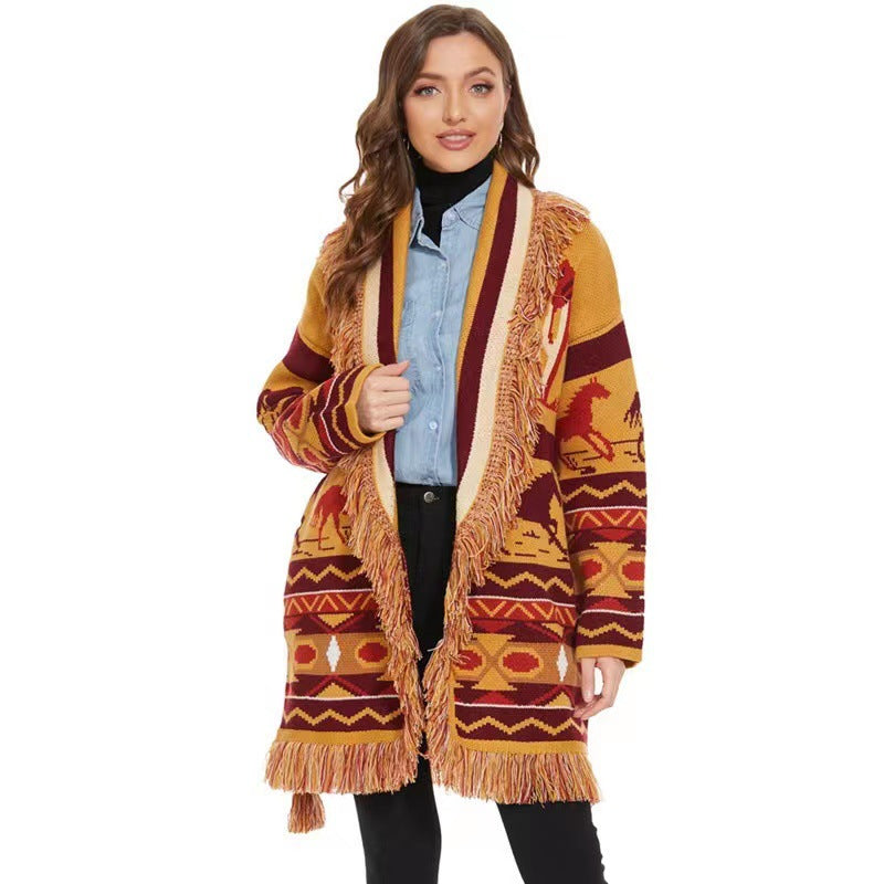 BOHO GYPSY Stylish Wild Roads Jacquard Cardigan With Fringed Edges