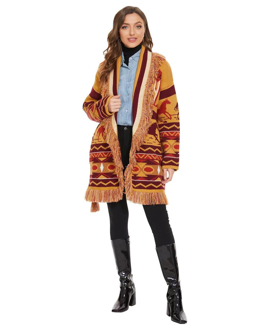 BOHO GYPSY Stylish Wild Roads Jacquard Cardigan With Fringed Edges