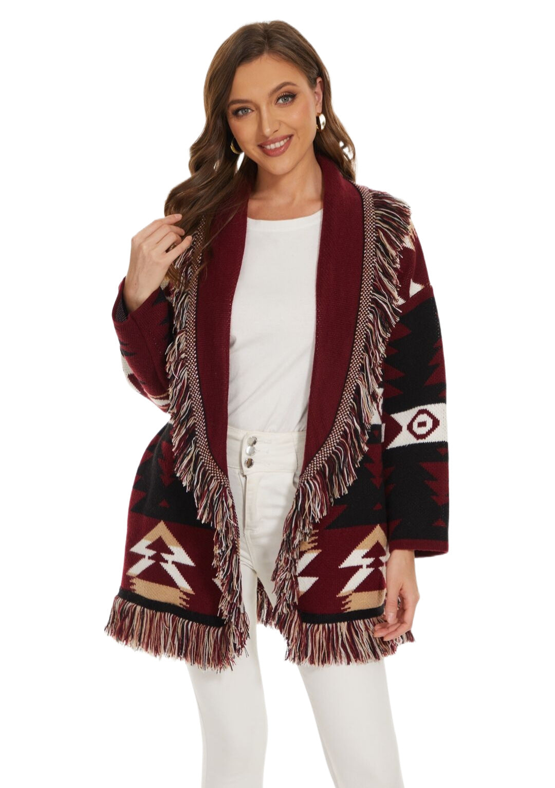 BOHO GYSPY Stylish Icon Jacquard Women Cardigan With Fringes Oversize