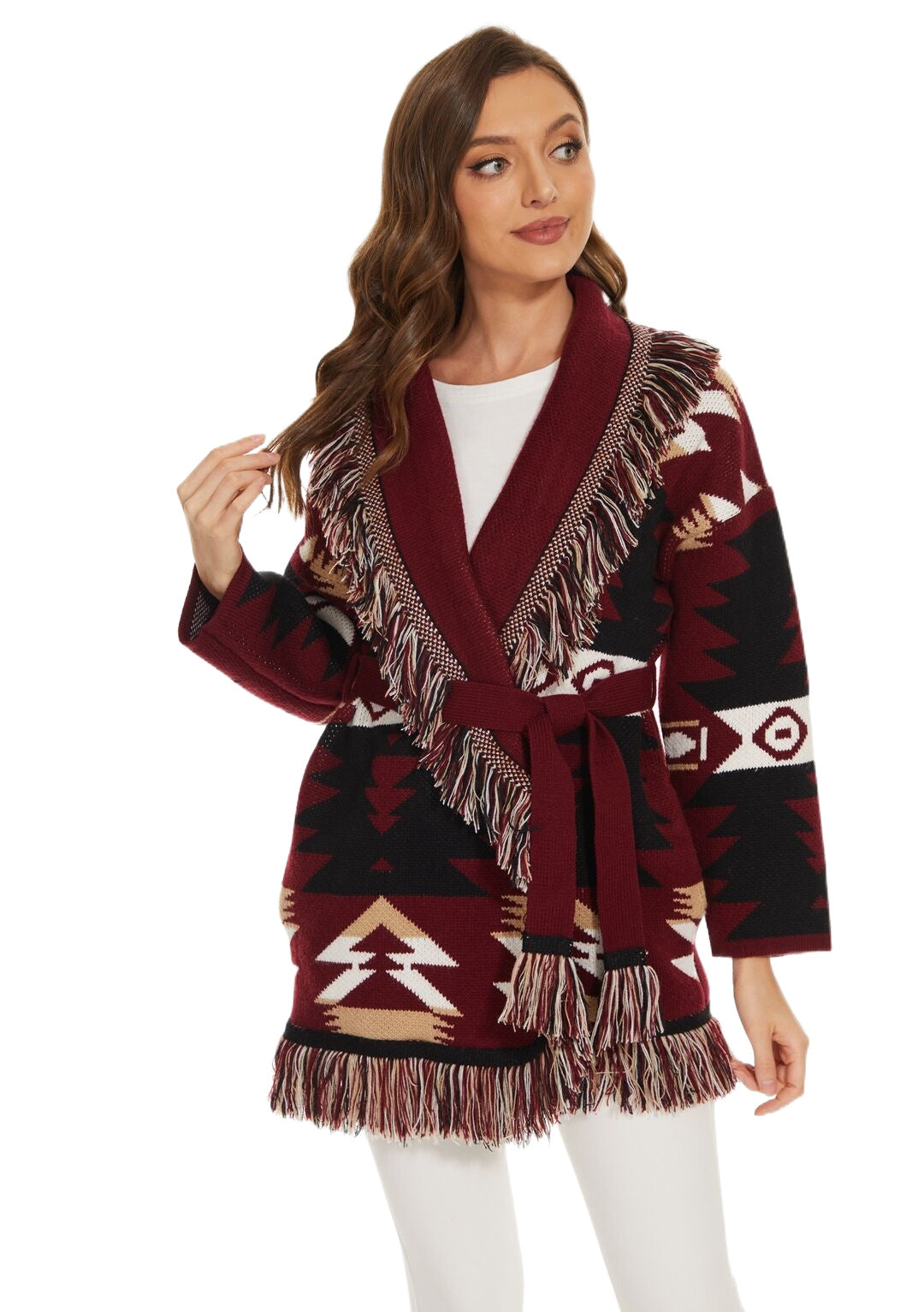 BOHO GYSPY Stylish Icon Jacquard Women Cardigan With Fringes Oversize