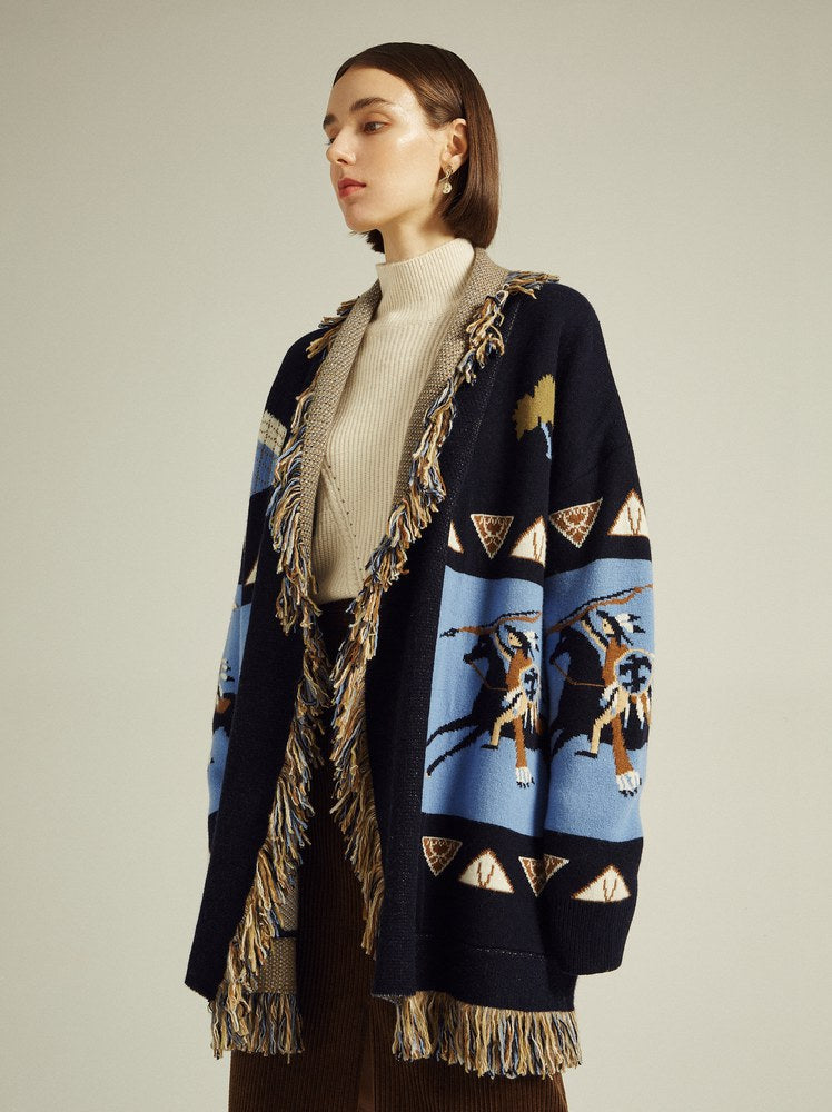 Blue Icon Jacquard Women Cardigan With Fringes Oversize