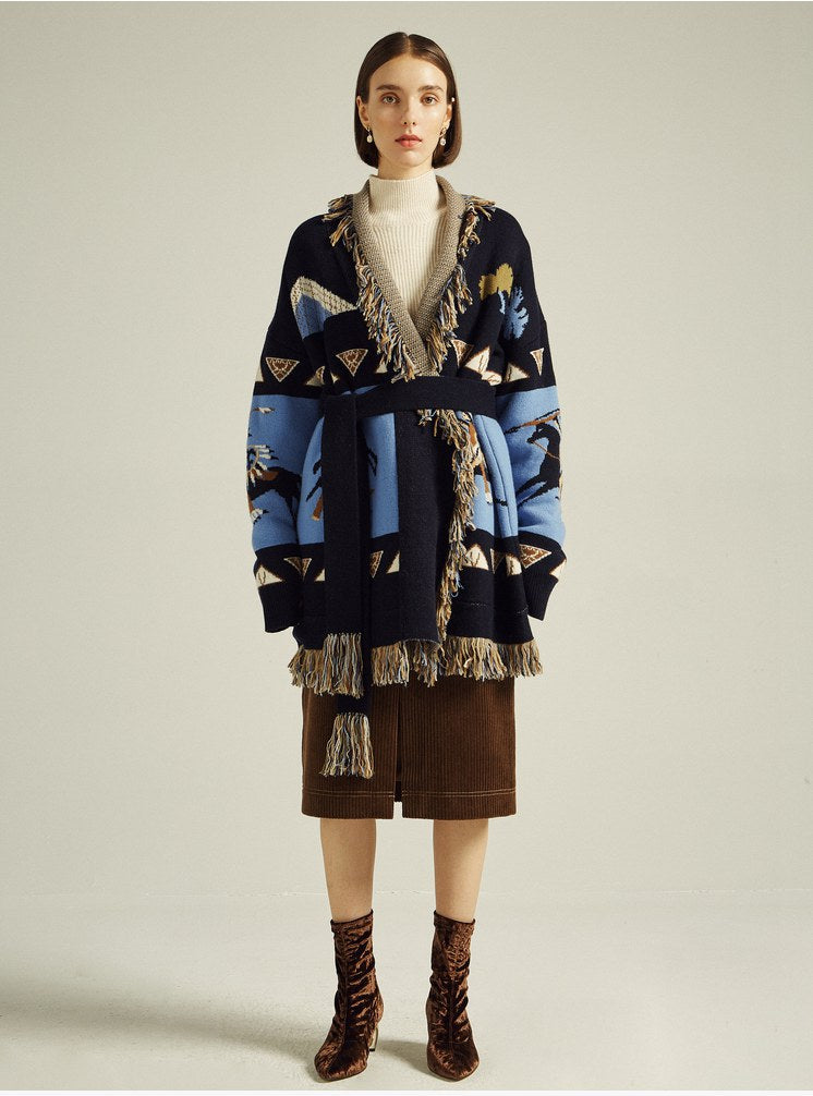 Blue Icon Jacquard Women Cardigan With Fringes Oversize