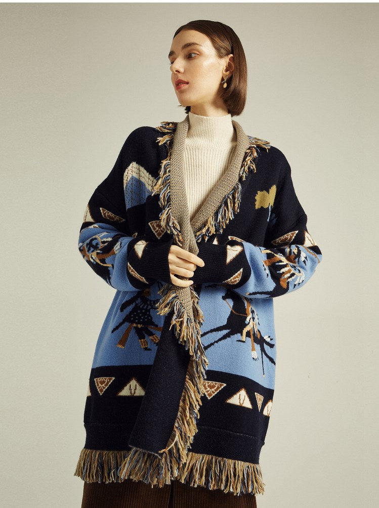 Blue Icon Jacquard Women Cardigan With Fringes Oversize