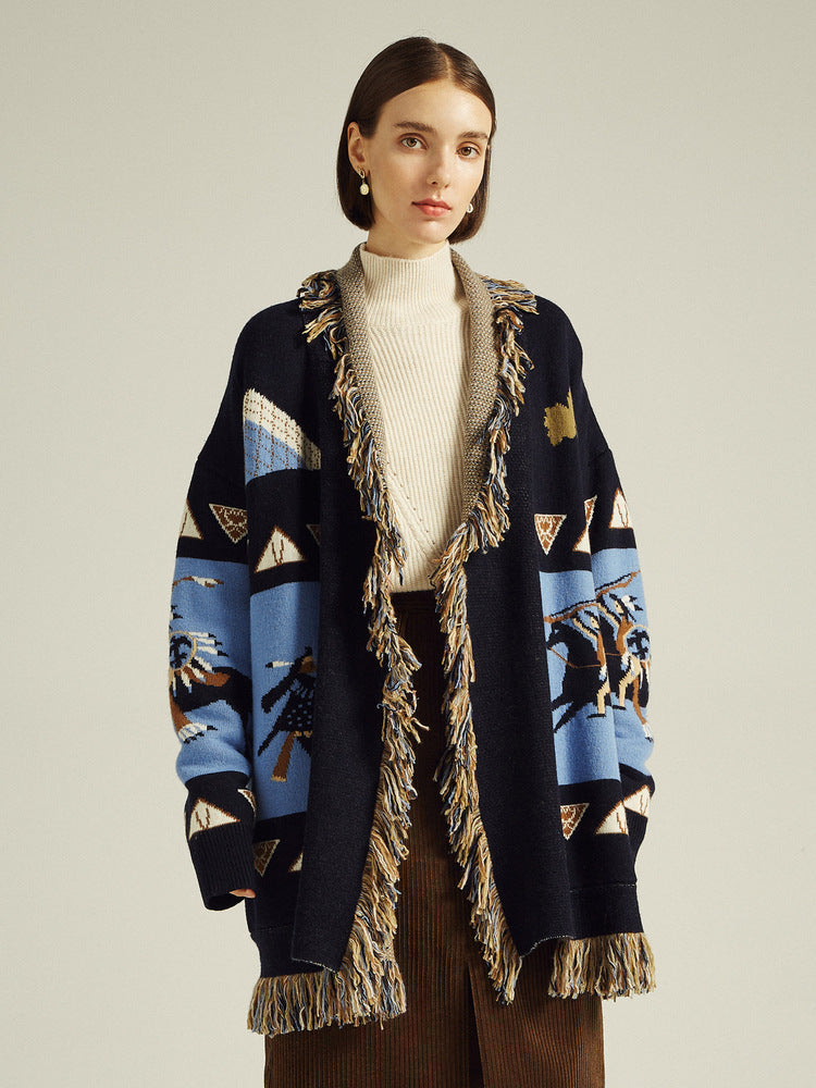 Blue Icon Jacquard Women Cardigan With Fringes Oversize
