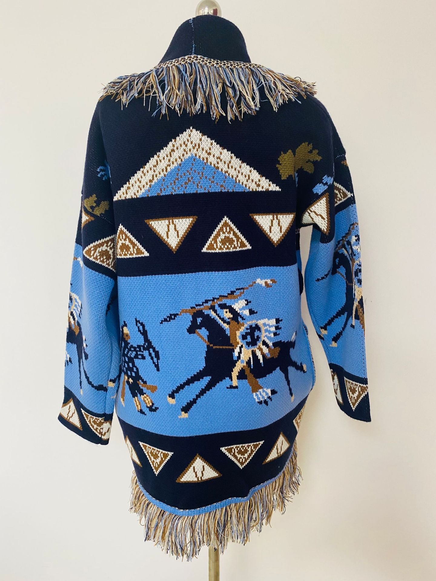 Blue Icon Jacquard Women Cardigan With Fringes Oversize