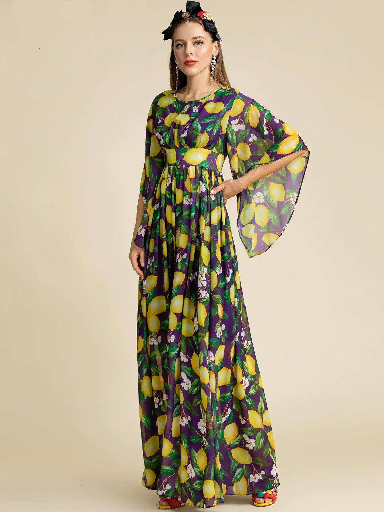 Women fashion Lemon Print Chiffon Backless Maxi Dress with Butterfly Sleeve for Summer vacation party from Designer Inspired Runway Fashion