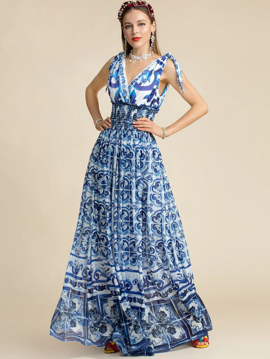 Fashion Women "Majolica-print" Long Maxi Dress With V Neck& Elastic waist
