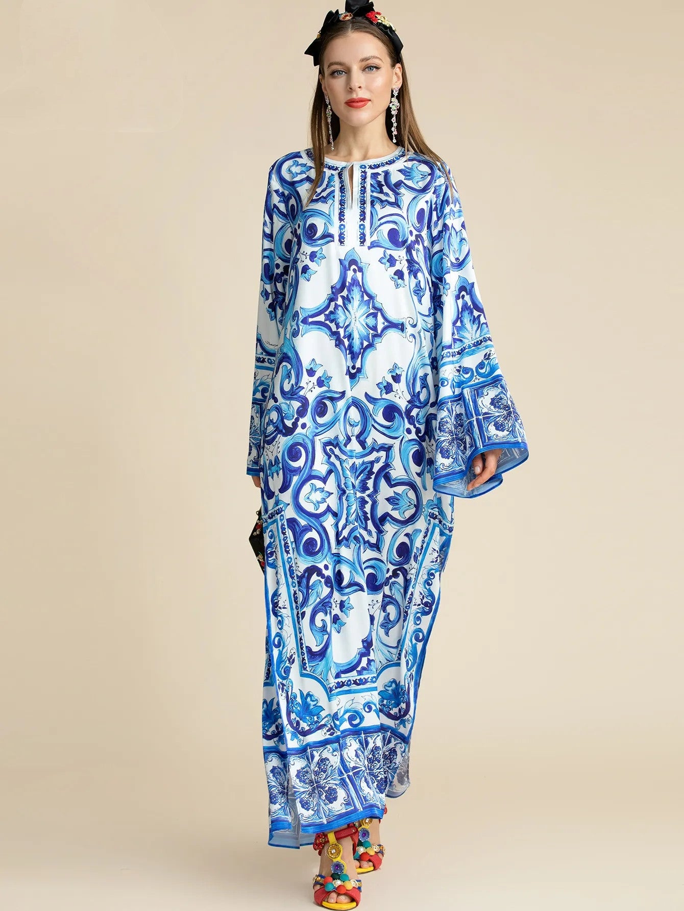 Fashionable Designer ”Majolica-print “ Maxi kaftan dress for women Plus Size