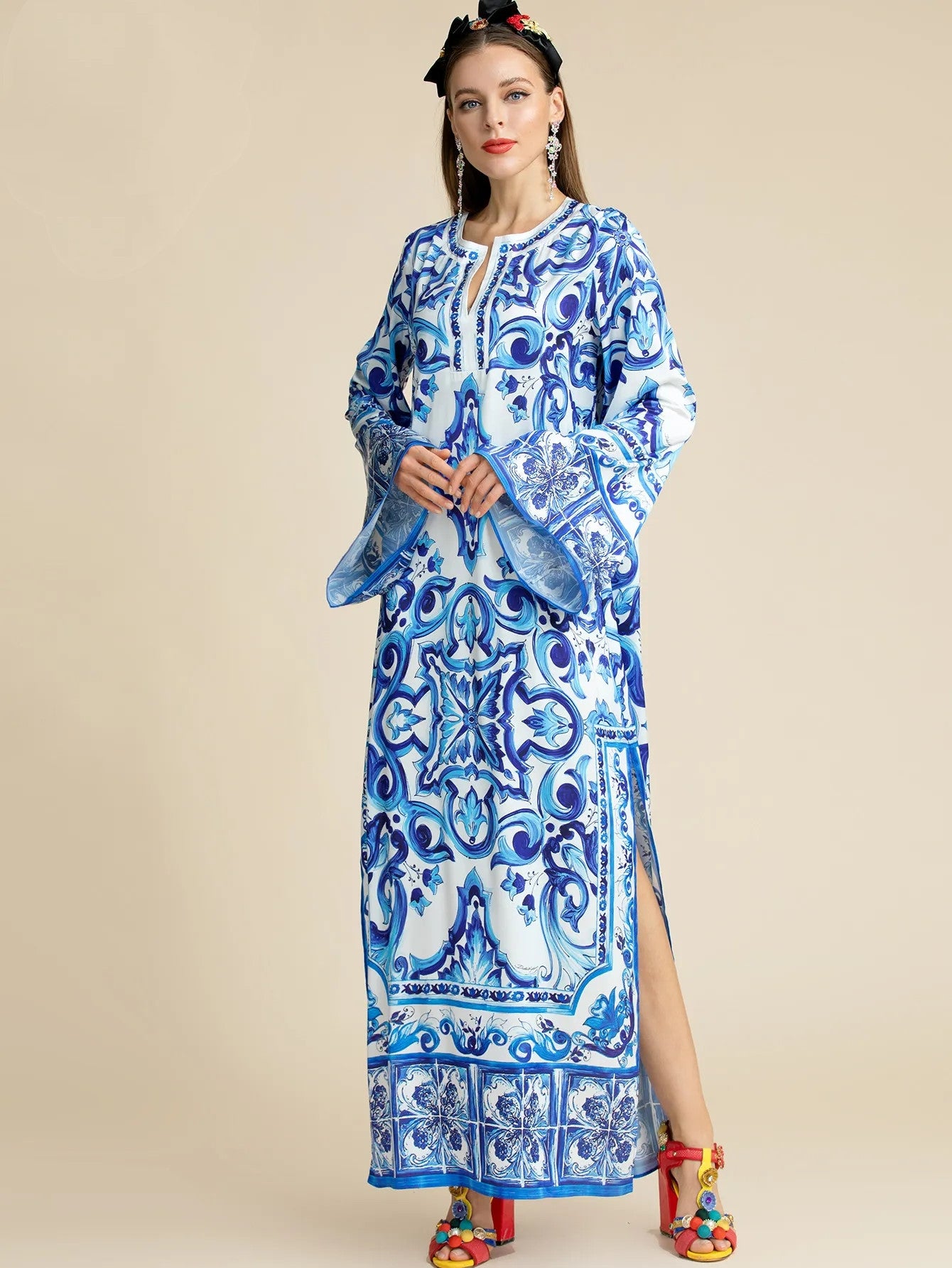Fashionable Designer ”Majolica-print “ Maxi kaftan dress for women Plus Size