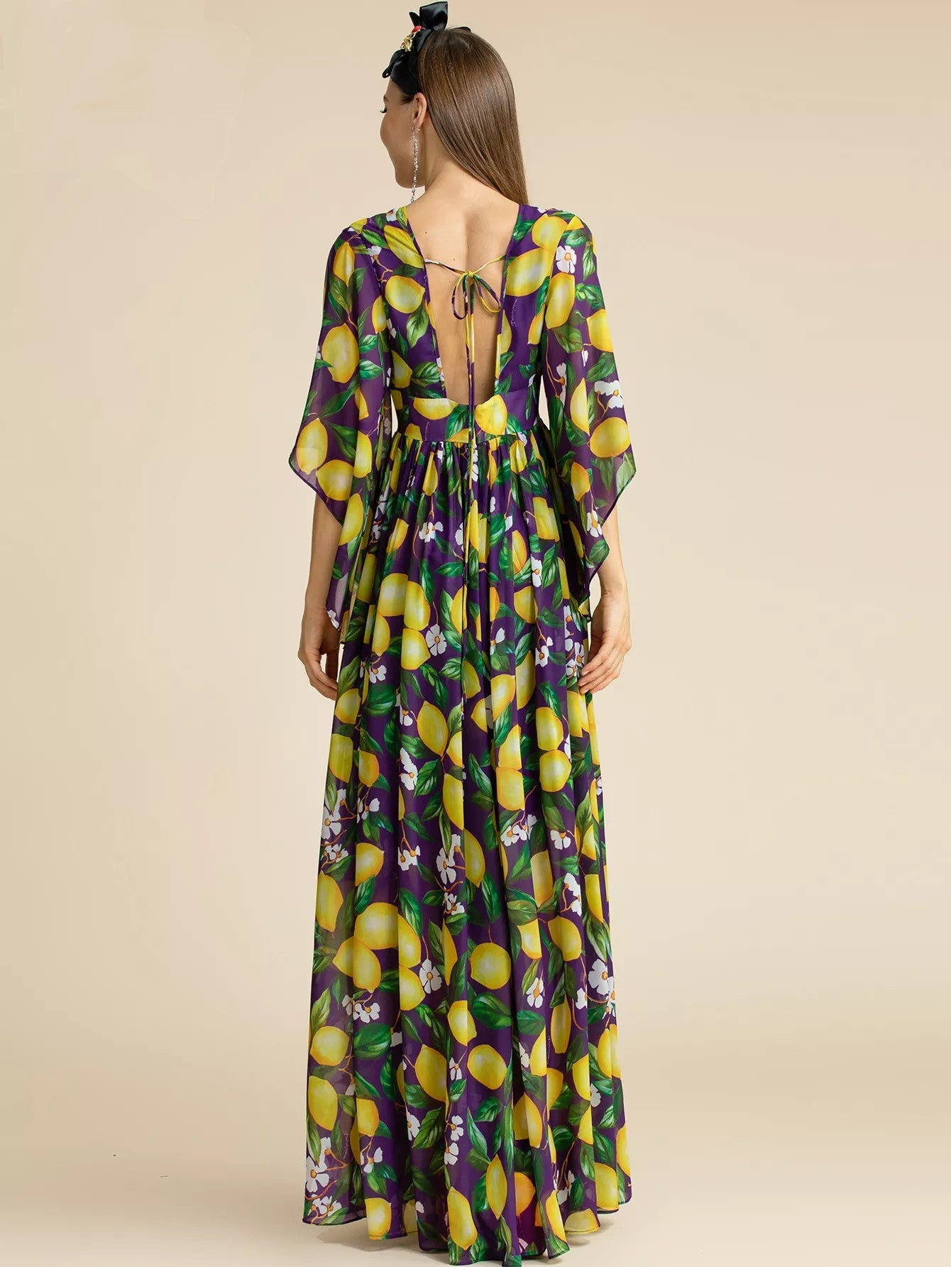 Women fashion Lemon Print Chiffon Backless Maxi Dress with Butterfly Sleeve for Summer vacation party from Designer Inspired Runway Fashion