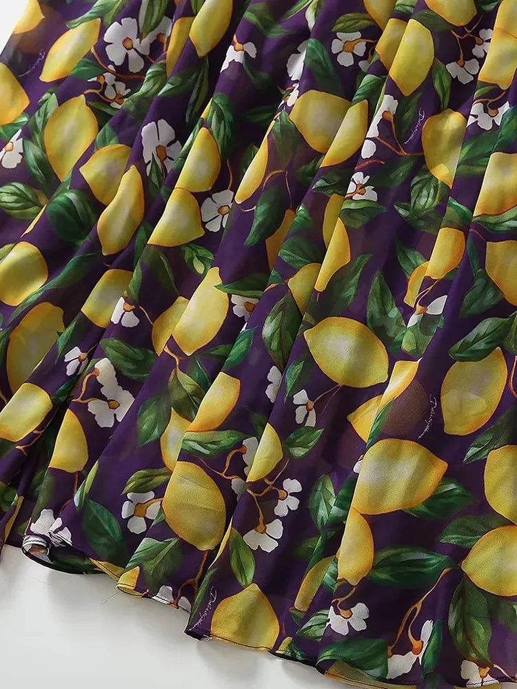 Women fashion Lemon Print Chiffon Backless Maxi Dress with Butterfly Sleeve for Summer vacation party from Designer Inspired Runway Fashion