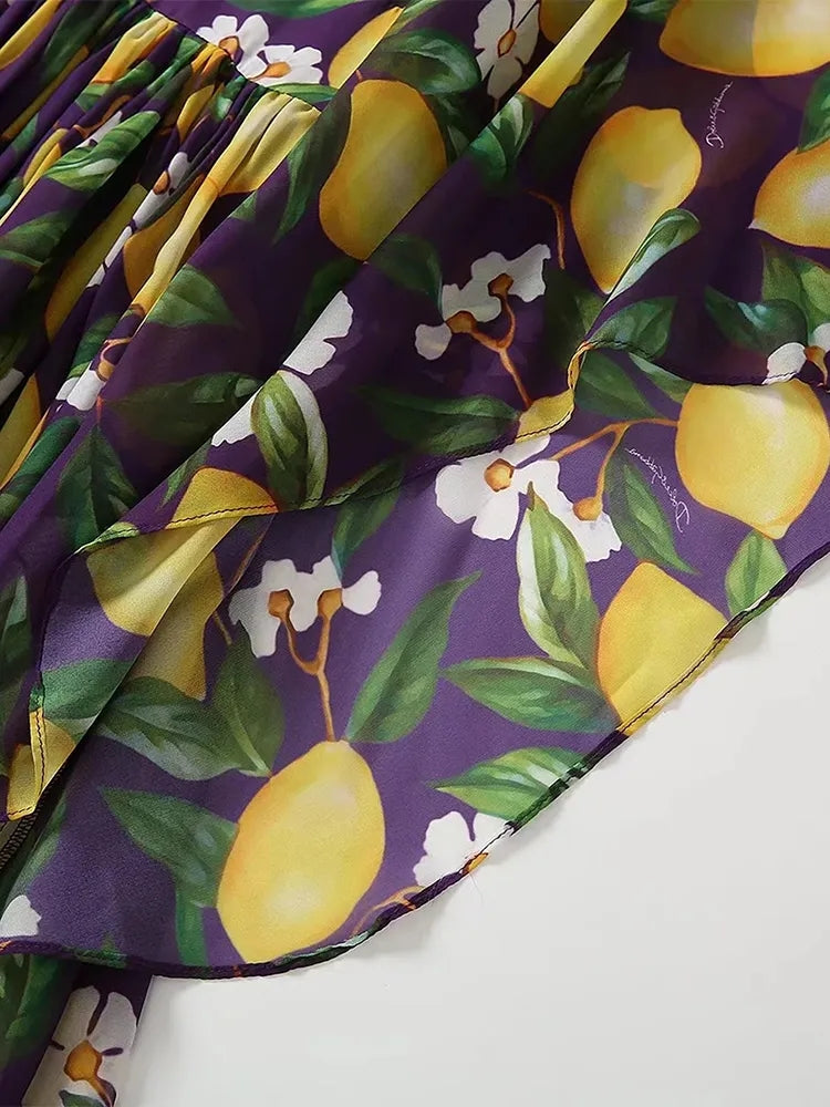 Women fashion Lemon Print Chiffon Backless Maxi Dress with Butterfly Sleeve for Summer vacation party from Designer Inspired Runway Fashion