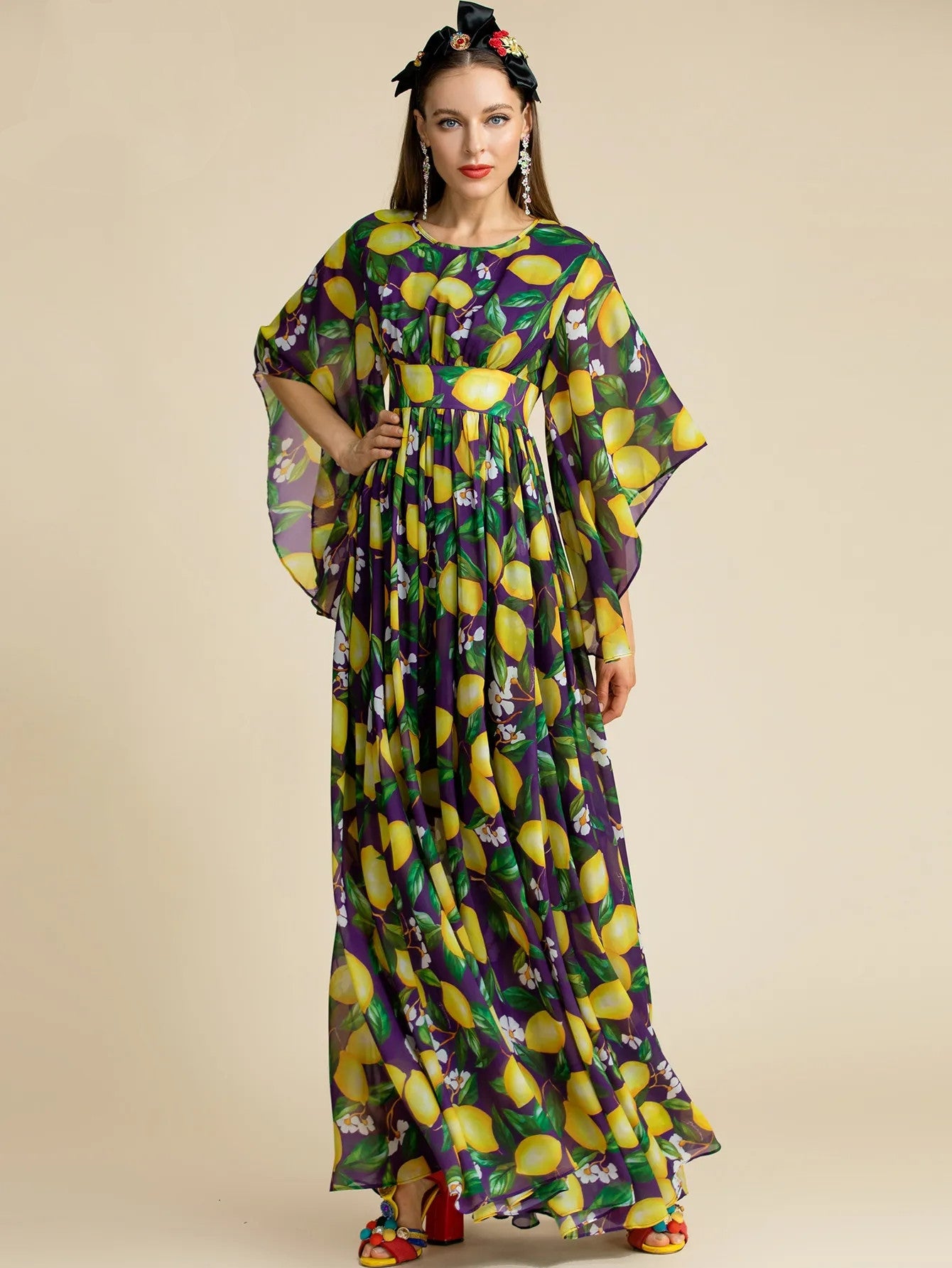 Women fashion Lemon Print Chiffon Backless Maxi Dress with Butterfly Sleeve for Summer vacation party from Designer Inspired Runway Fashion