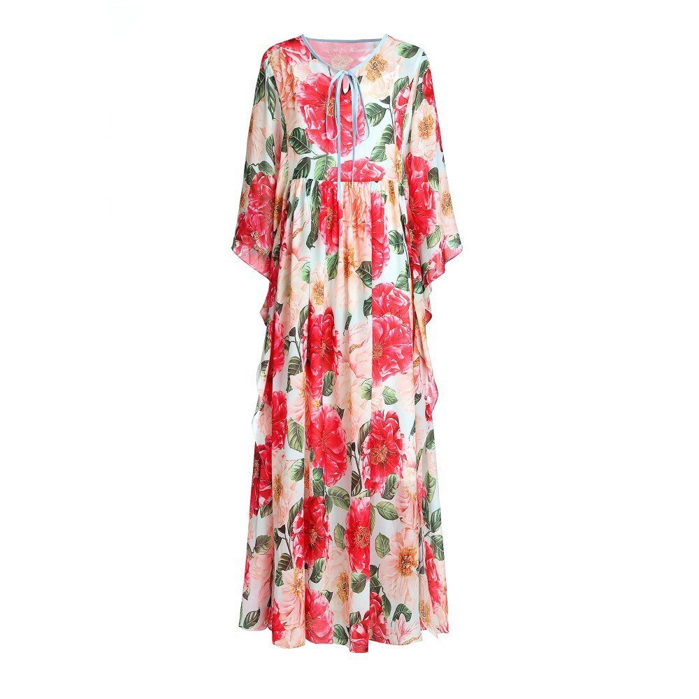 Luxury Designer Inspired Fashion Women Foral Camellia-Print Chiffon Kaftan Dress Loose Long Maxi Dress