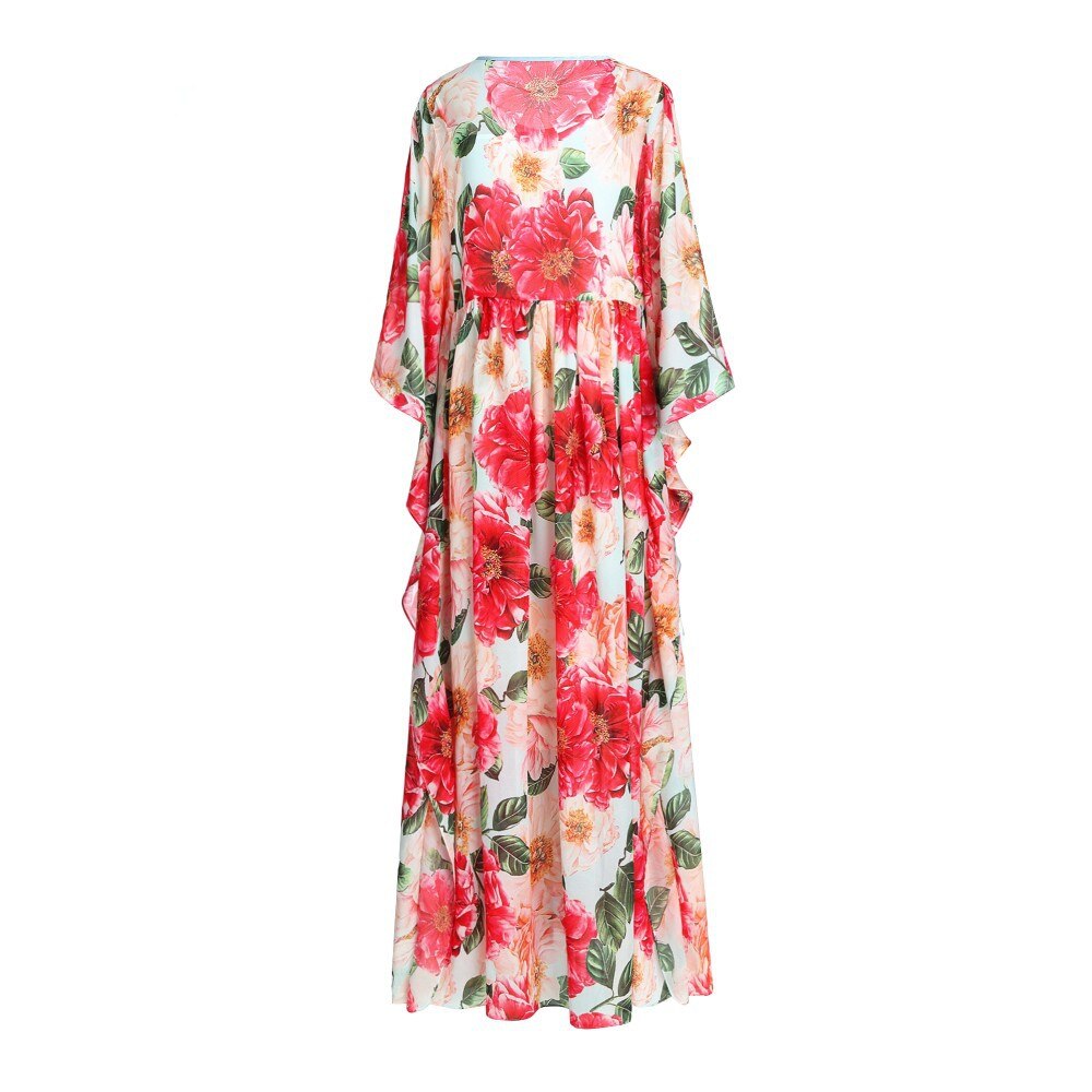 Luxury Designer Inspired Fashion Women Foral Camellia-Print Chiffon Kaftan Dress Loose Long Maxi Dress