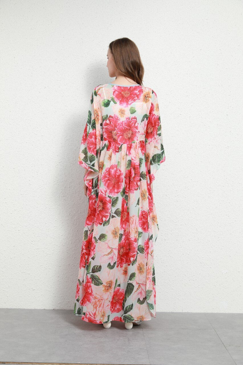 Luxury Designer Inspired Fashion Women Foral Camellia-Print Chiffon Kaftan Dress Loose Long Maxi Dress