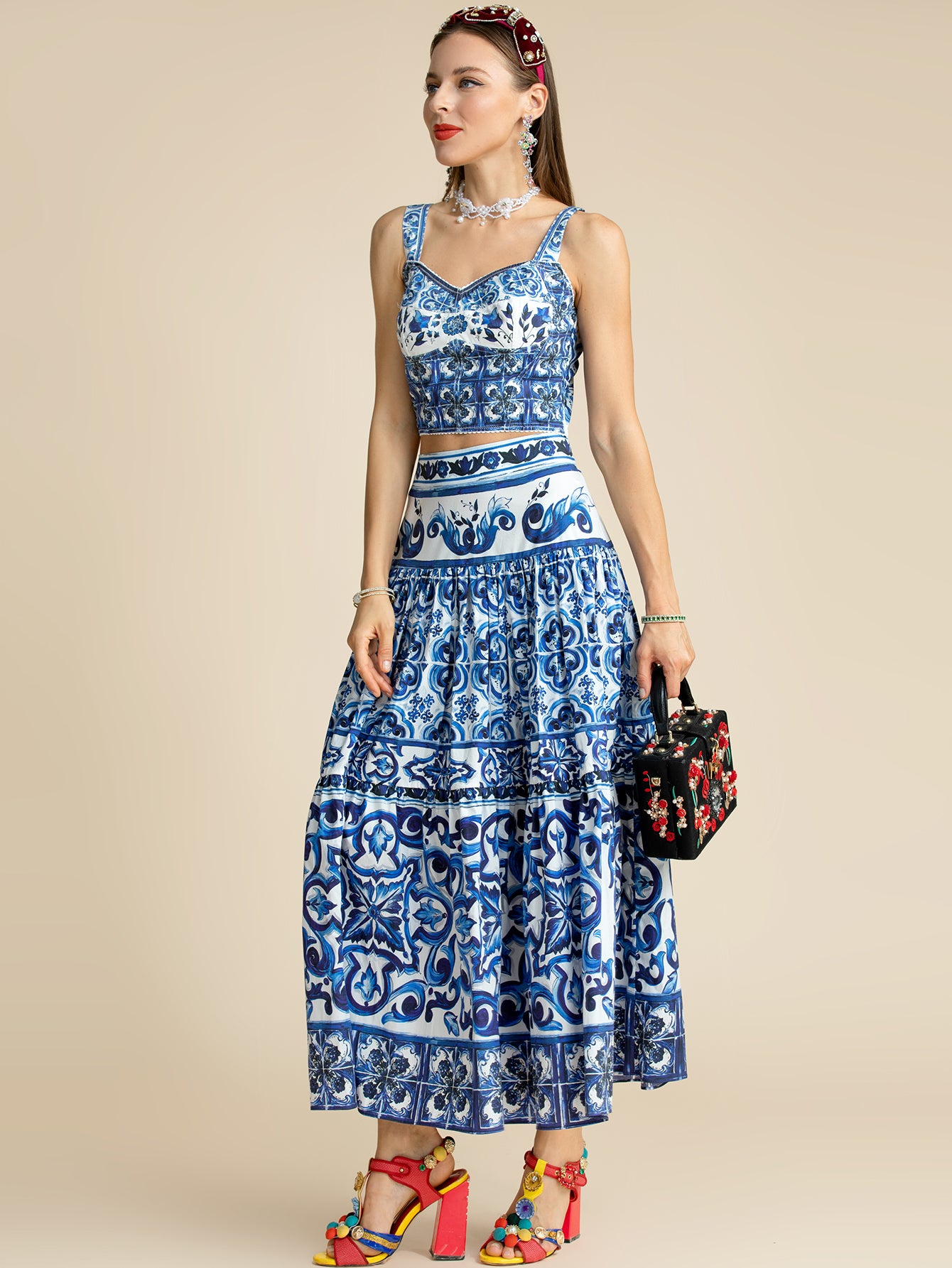 "Majolica-print" Women Cotton Top and Skirt Suitset